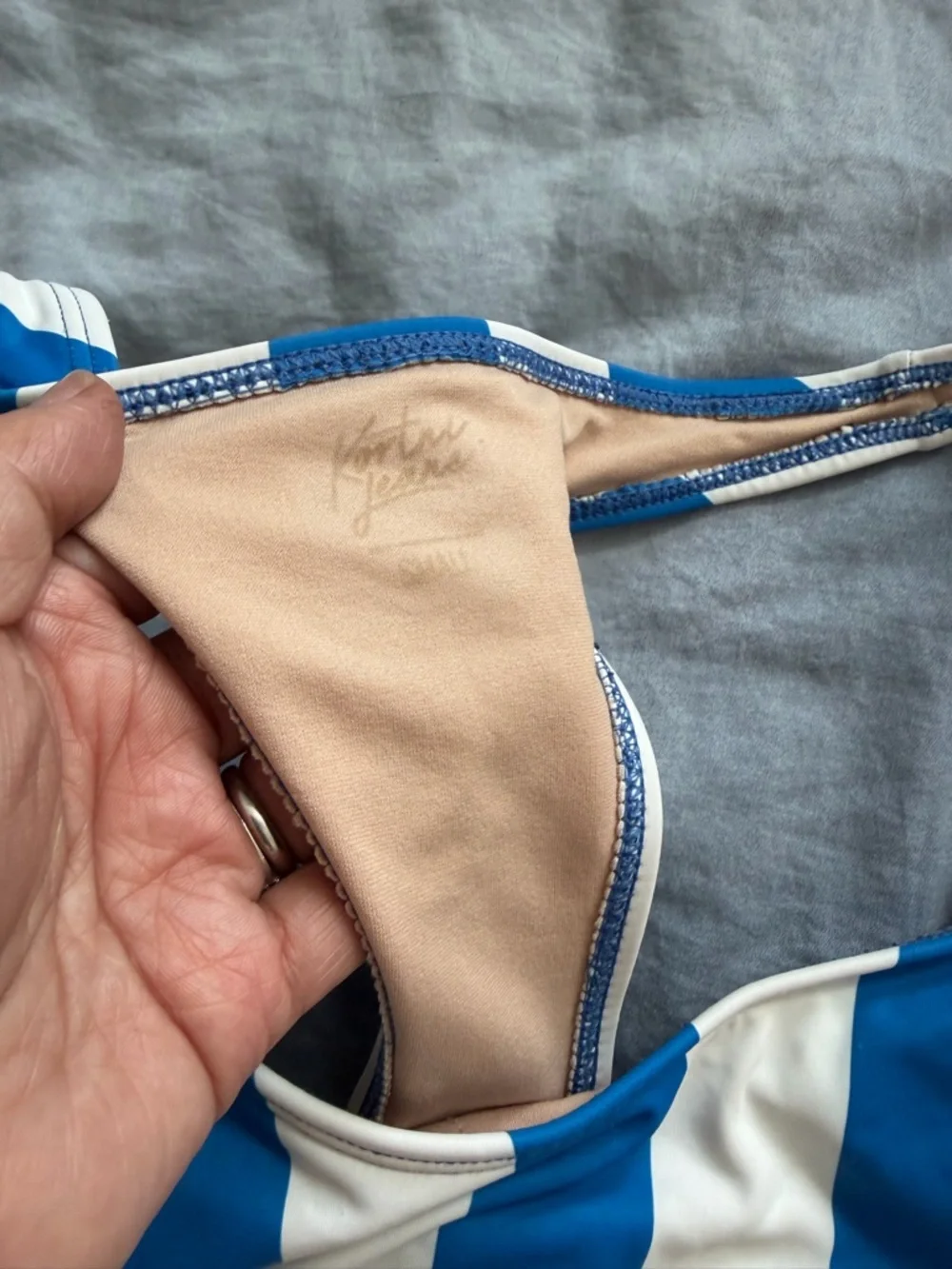 Kortni Jeane Blue & White Vertical Striped Racerback Swimsuit Crop Top Small